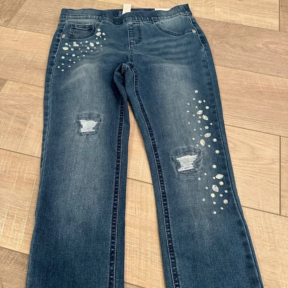 JUSTICE GIRLS PULL ON RHINESTONE DENIM LEGGINGS NEW SIZE 14 MID RISE